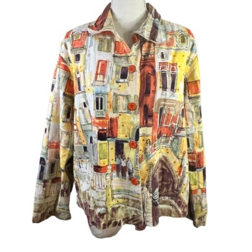 Keren Hart Jacket/Blazer/Venice Scene Print/ Cropped With Sequin Accents/ L